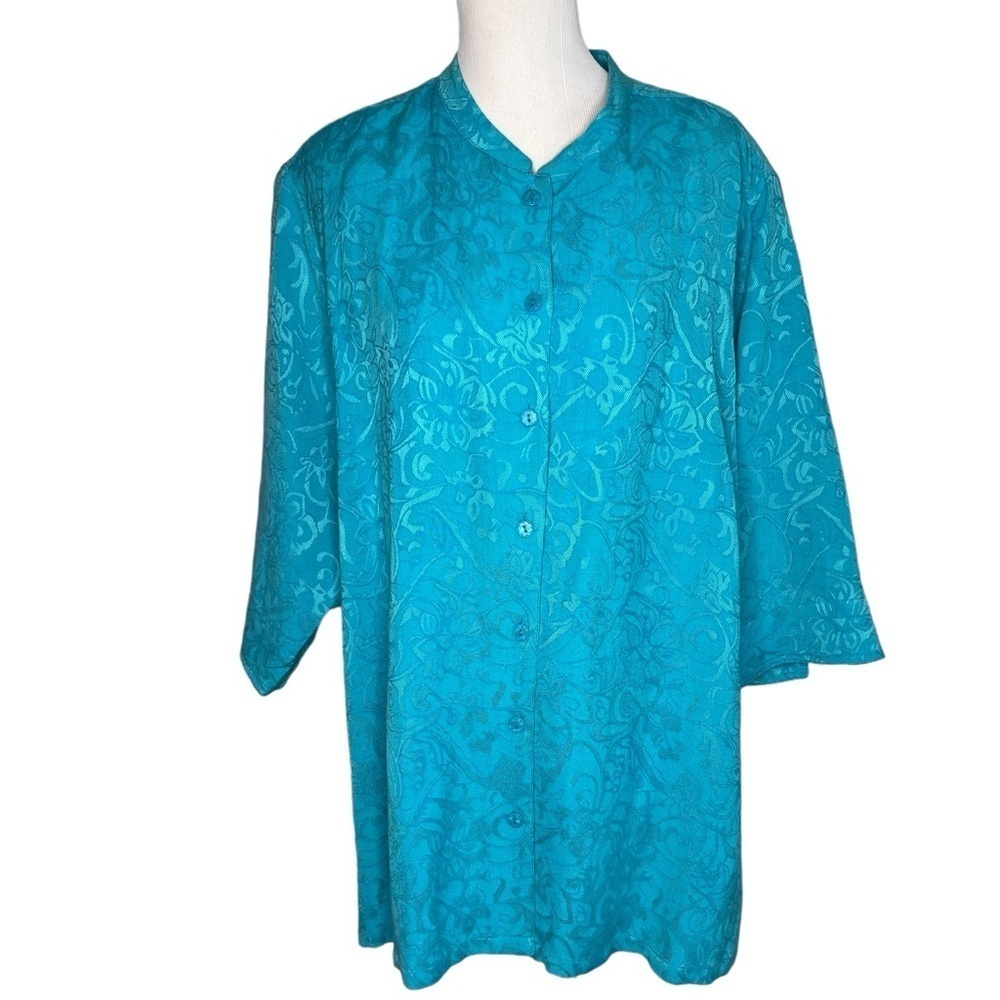 Erin Jacquard Floral Print Linen Blend Tunic Top Plus 3X 3/4 Sleeve Blue Button